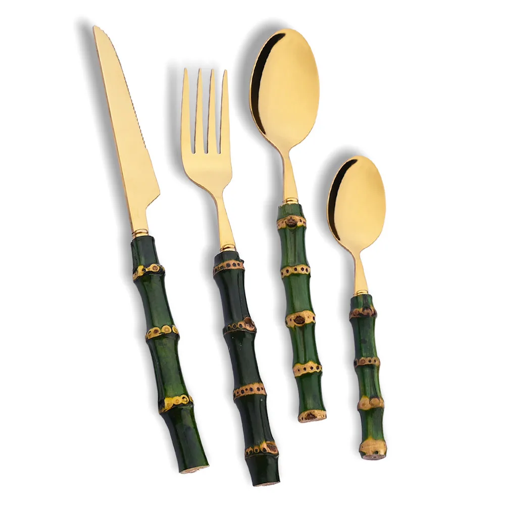 Bamboo Cutlery - 4-delige serviesset met natuurlijk bamboehandvat, groen